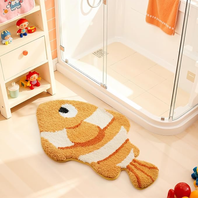 LUMI Cute Animal Bathroom Rugs, Plush Absorbent Bath Mats for Bathroom, Non-Slip Backing Washable Bath Mat, Ideal for Shower Sink Bathtub Room Decor, 20"x35", Clownfish