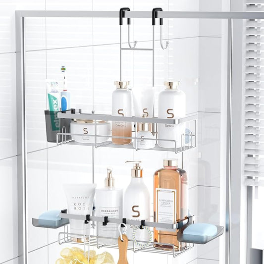 Aitatty Over the Door Hanging Shower Caddy: No Drill Rustproof Shower Rack | Includes Hooks & Soap Holders for Shampoo, Conditioner and Bathroom Essentials, Anti-Slip Design for Any Shower Room