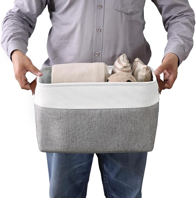 DECOMOMO Storage Bins, Extra Large Fabric Storage Baskets for Shelves, Decorative Linen Closet Organizer, 15.8 x 12.5 x 10 inches (Grey & White, 4 Pack)