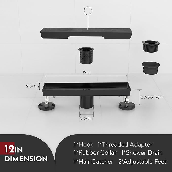 WEBANG 12 Inch Linear Shower Drain Rectangular Floor Drain with Accessories Rainline Pattern Cover Grate Removable SUS304 Stainless Steel CUPC Certified Matte Black