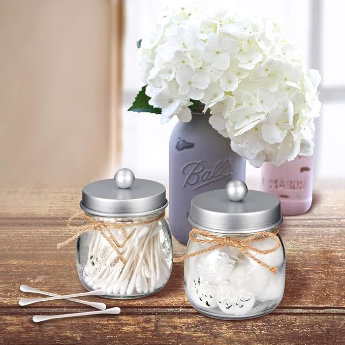 SheeChung 2 Pack Glass Mason Jar Qtip Holder Dispenser,Frosted Silver Lids | Clear Apothecary Jar,Stainless Steel Lids,Small Bathroom Jars Canisters,Vanity Storage Organizer for Cotton Swabs,Balls,Floss