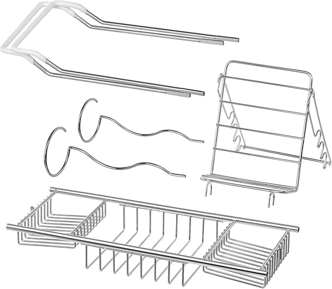iPEGTOP Stainless Steel Bathtub Caddy Tray - Over Bath Tub Racks Shower Organizer with Extending Sides, Removable Wine Glass Book Holder