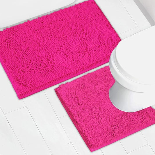 Bathroom Rugs Chenille Bath mat 2 Piece Set, Super Absorbent, Strong PVC Non Slip Backing, Bath mats for Bathroom, Plush Shaggy, Thick, Machine Washable, Bathtub, Toilet.(Hot Pink)