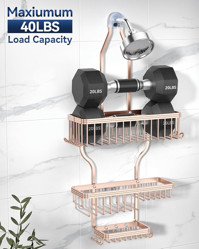 Never Rust Shower Caddy Hanging, Aluminum Shower Racks for Inside Shower, 3-Tier Shower Organizer Hanging Over Shower Head with Hooks and Soap Holder, Rose Gold