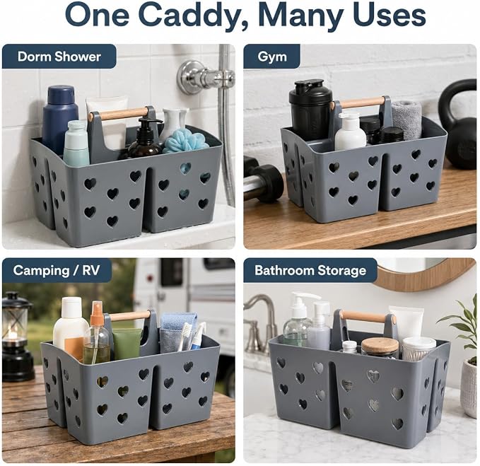 NINU Gray Portable Shower Caddy with Wooden Handle, Large Plastic Shower Basket Tote with 3 Compartments & Drain Holes, Bathroom Organizer for College Dorm, Gym, Camping, Vanity