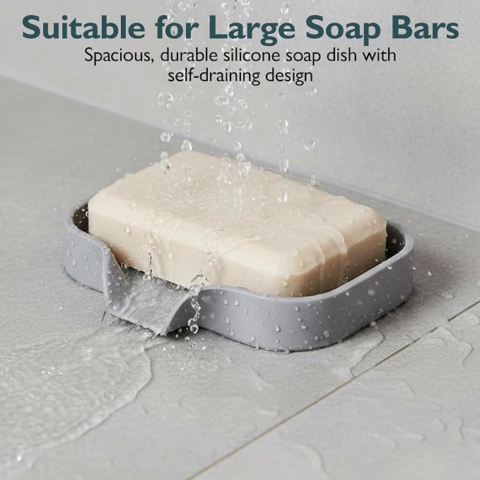 Self Draining Soap Dish with Drain Spout - Bar Soap Holder for Bathroom & Kitchen Sink - Flexible Non-Slip Silicone Soap Holder for Bar Soap, Sponge & Scrubber - 1 Pack