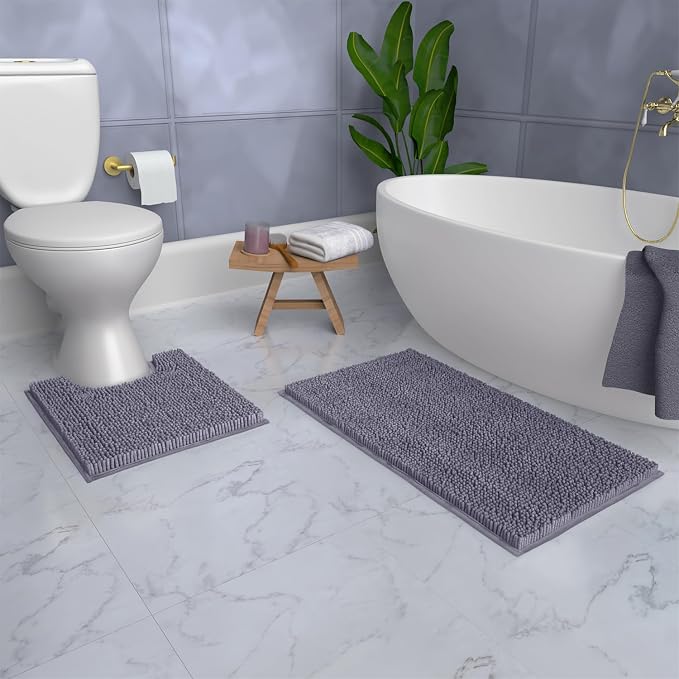 LuxUrux Bathroom Rugs Sets 2 Piece, Bathroom Rug Set, Soft Absorbent Chenille Bath Mat & Contour Toilet Rug, Non Slip, Quick Dry, Machine Washable Shaggy Bathroom Mats (Gray, 20"x30"+20"x20" U-Shaped)