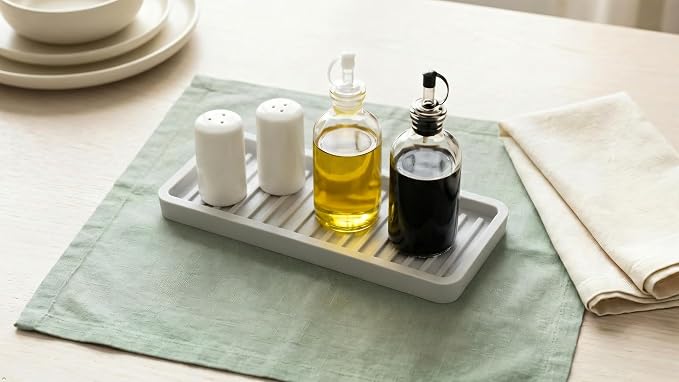 Silicone Sink and Surface Organizer Tray, Sponge Holder, Vanity Tray, Trivet, Heat Safe, Dishwasher Safe, for Bathroom and Kitchen Organization (Light Grey, 9"x3.5")