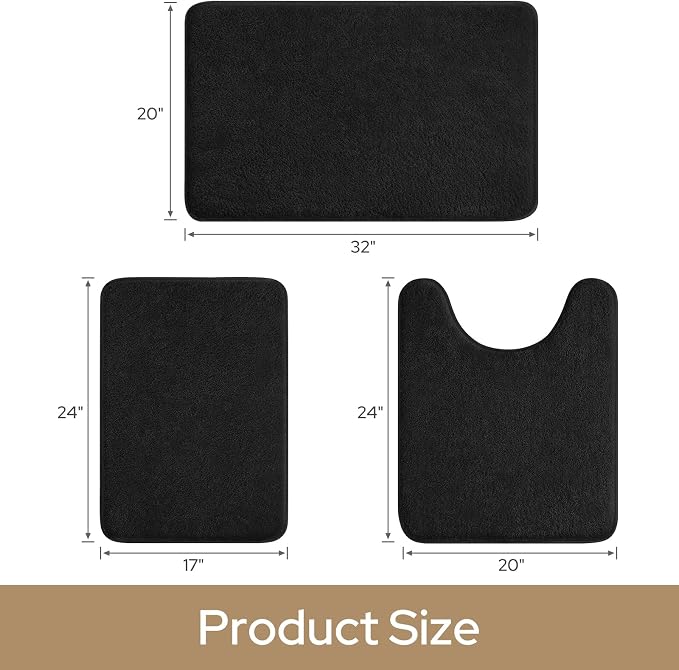 HOMEIDEAS 3 Piece Bathroom Rugs Set, Black 17"x24"+20"x32"+20"x24" | Memory Foam, Ultra Soft, Super Absorbent Bath Mats, Non Slip Backing, U Shaped Toilet Rug for Bathroom, Tub and Shower