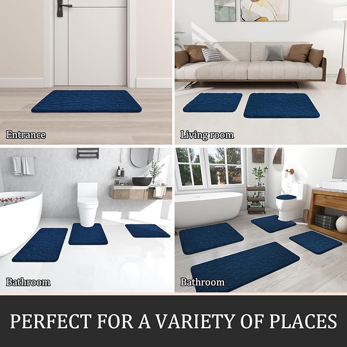 YIHOUSE Bathroom Rugs Mat Set, Memory Foam Bath Mat 2 Piece Navy Blue | 17x24&20x32, Non Slip, Water Absorbent, Washable, Bath Mat For Bathroom, Sink and Toilet