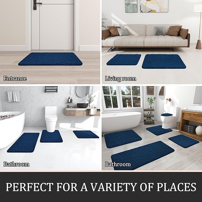 YIHOUSE Bathroom Rugs Mat Set, Memory Foam Bath Mat 3 Piece Navy Blue | U Shape+Small Mat, Non Slip, Water Absorbent, Washable, Bath Mat For Bathroom, Sink and Toilet
