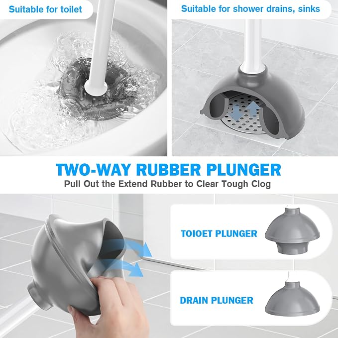 Toilet Plunger and Brush Set, Silicone Bowl Brush and Heavy Duty Toilet Plunger with Ventilated Holder, 2-in-1 Toilet Brush and Plunger Combo for 5.3-inch Toilet Drain Bathroom Deeply Cleaning
