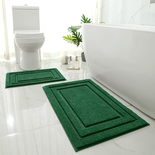 HOMEIDEAS Bathroom Rugs Sets 2 Piece, Non Slip Bath Mat Dark Green | Ultra Absorbent, Microfiber Machine Washable Bath Rug Set, for Bathroom, Tub, Shower 20" x 32" + 16" x 24"