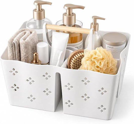 GVY Plastic Shower Caddy Portable, Large Capacity Shower Basket with Handle, Divided Bathroom Toiletry Organizer, Quick-Drain Shower Caddy for College Dorm Beach Kitchen Essentials, White.
