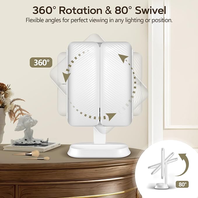 GOMIPURU Makeup Mirror with Lights and 30X/10X/5X Magnification, Vanity Mirror with 3 Color Lights, Rechargeable, Detachable, Lighted Makeup Mirror with Magnification, Trifold Mirror, Gifts, White