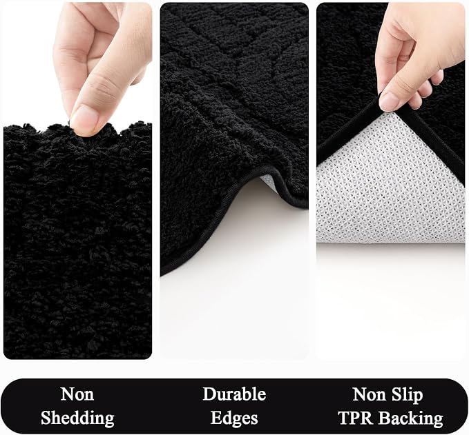 Vaukki Black Bathroom Rugs Sets 3 Piece, 32x20+26x18+24x20 Inch | Washable Non Slip Soft Bath Mats for Shower and Tub, Plush Absorbent Microfiber Toilet Rug U Shaped