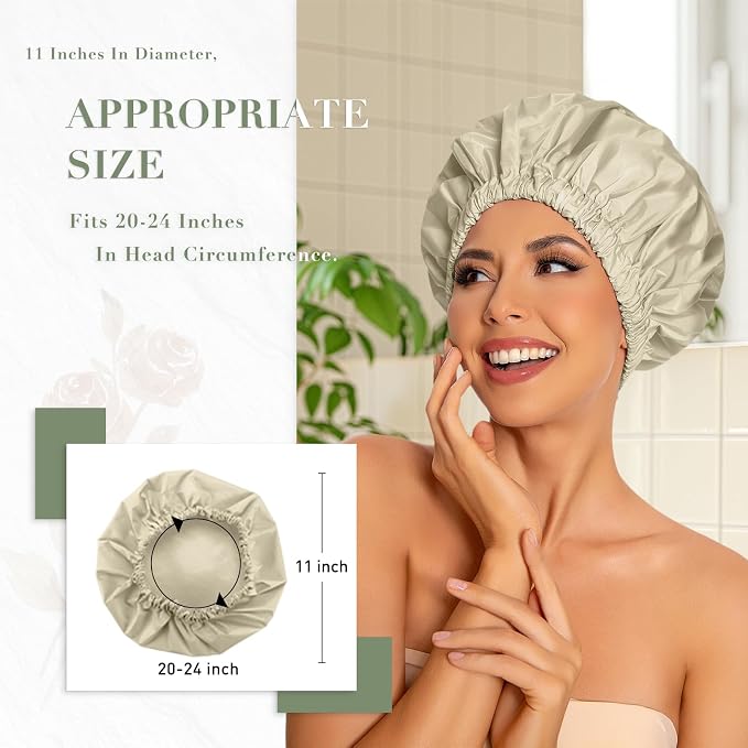 Edoneery Shower Caps for Women Reusable Waterproof, Shower Hair Cap | Washable Bonnet, Wide Elastic Band, Large Fit, Holds Long Hair, Braids Friendly, Bath Accessories, Spa, Travel