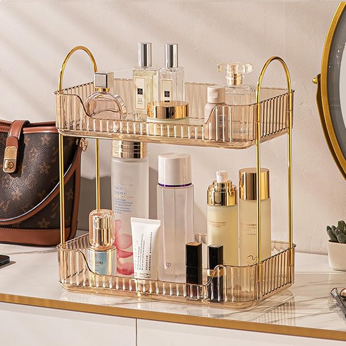Aveniee Bathroom Counter Organizer, 2 Tier Perfume Skin Care Countertop Storage Shelf, Vanity Makeup Tray for Cosmetic Skincare Lotion, Gold