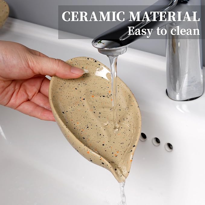 Soap Dish, Self Draining Soap Dishes 2PCS, Leaf Shape Ceramic Bar Soap Holder Drain Soap Dishes for Bathroom Sink Shower Kitchen, Easy to Clean Keeps Soap Dry, ANTIS'S HOME