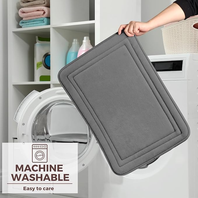 Memory Foam Bath Mat Grey Bathroom Rug Set of 2 Non-Slip Washable Bathmat | Soft Floor Mats Absorbent Plush Microfiber Shower Tub Bathmat Gray