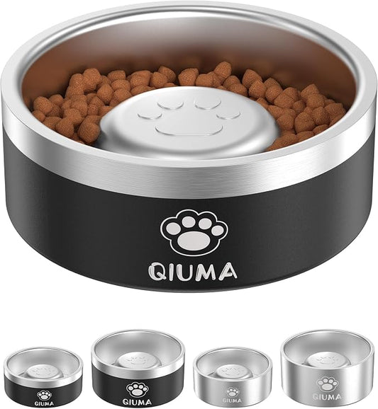 Qiuma Slow Feeder Dog Bowls Stainless Steel, Food-Grade 304 Dog Slow Feeder Bowl 2 Cups Capacity, Heavy Duty Double-Layer with Non-Slip Base, Pet Puzzle Bowl for Small & Medium Dogs (Black)