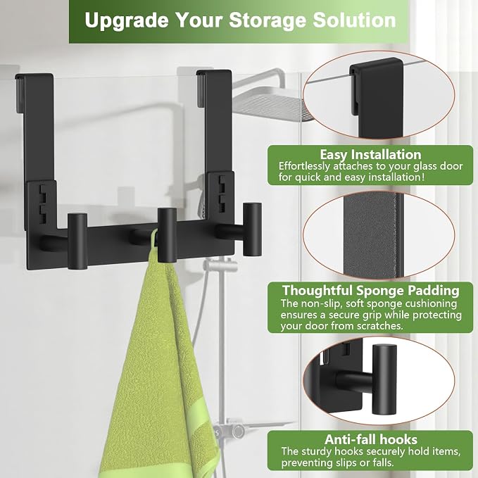 Extended Robe Door Hooks, Heavy Duty Stainless Steel Towel Hooks for Frameless Glass Shower Doors, Towel Hanger Rack, Shower Hooks for Bathroom (Black-3 Hooks, 1 Pack)