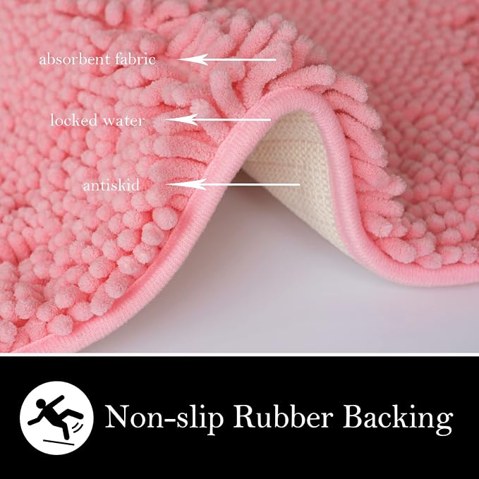 Valentine's Day Bathroom Rugs Chenille Bath mat 3 Piece Set, Super Absorbent, Strong PVC Non Slip, Bath mats for Bathroom, Plush Shaggy, Thick, Machine Washable, Bathtub, Shower, Toilet, Pink