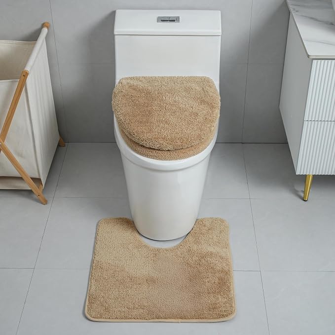 3piece Toilet Seat Cover Set - Toilet Seat Cover +Toilet Lid Cover + toilet rugs u shaped washable, Fits Most Elongated Round and Oblong Toilet(Machine Washable,Quick-Dry) brown