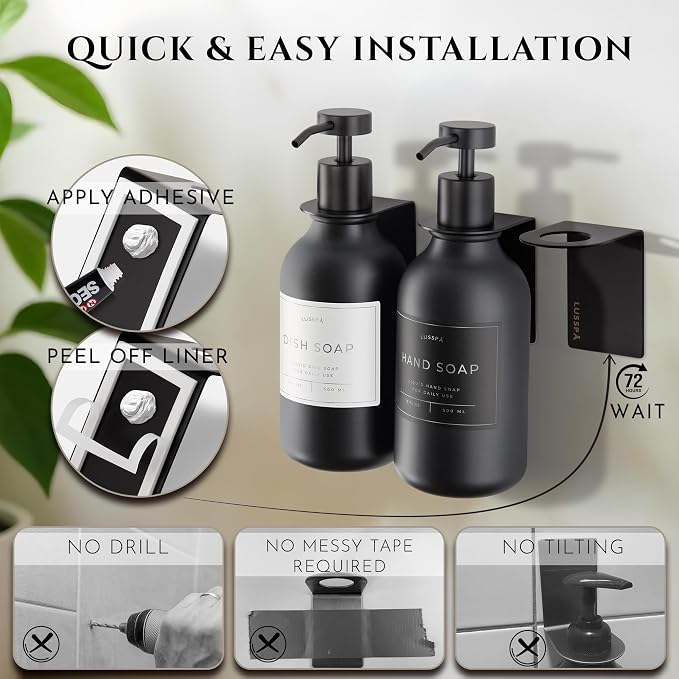 Shower Shampoo Dispenser Wall Mounted – 3 Refillable 16.9 oz Black Bottles with Stainless Steel Pumps & No-Drill Adhesive Holders – Soap Dispenser Set for Bathroom (3 X Black)