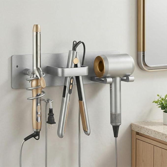 Hair Dryer Holder Hair Tool Organizer Metal Wall Mount (Silver) | Heat Resistant Hair Tool Organizer, Metal Wall Mount Storage, Bathroom Counter Space Saver, Blow Dryer Holder