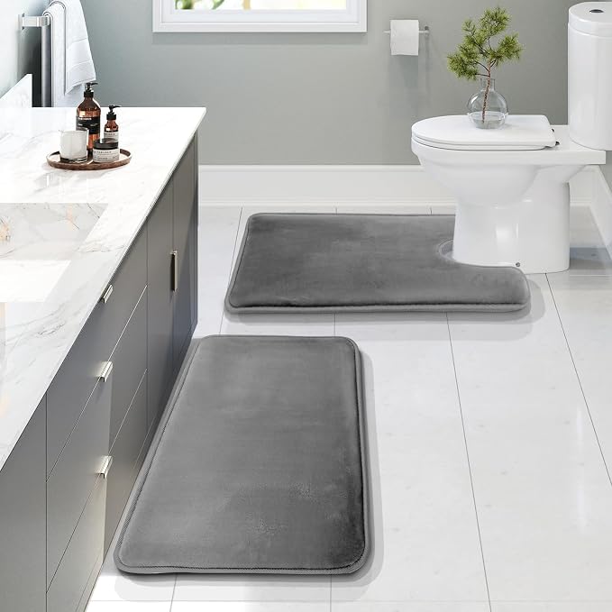 Clara Clark 2 Piece Bathroom Rugs, Velvet Memory Foam Bath Mat Set, Non-Slip Bath Rugs, Machine Wash, Dries Quickly, Ultra Soft Plush Bath Mats for Bathroom, 20 x 32 + Contour, Grey