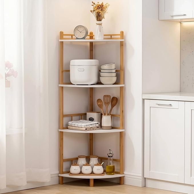 4-Tier Expandable Bamboo Corner Shelf Stand,Corner Bookshelf, Display Storage Shelves with Open Shelves, for Organization and Storage, Living Room, Home Office, Garage (White, 4-Tier WithRail)