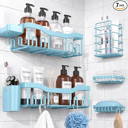 NESOMI Shower Caddy Adhesive Shower Organizer 7-Pack, Rustproof Stainless Steel Bathroom Shelves, Large Capacity No-Drill Rack Storage Accessories with Soap Dish Toothbrush Holder Hooks