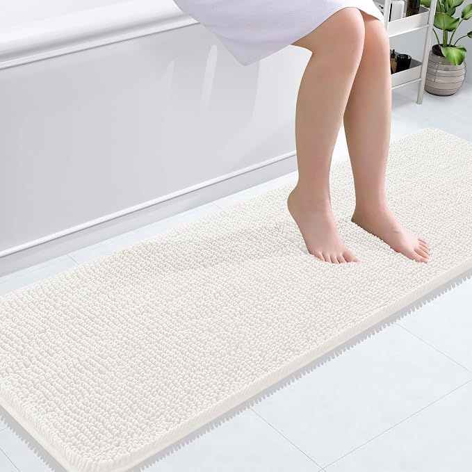 OLANLY Bathroom Runner Rugs 59x20, Extra Soft Absorbent Chenille Bath Rugs | Ivory, Quick-Drying Rubber Backing, Machine Washable Long Bath Mat for Bathroom Floor, Tub and Shower, Home Decor Accessories