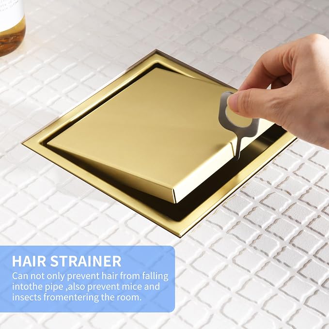 6-Inch Square Shower Drain, Brushed Gold Floor Drain with Flange, 304 Stainless Steel Bathroom 2-in-1 Tile Drain