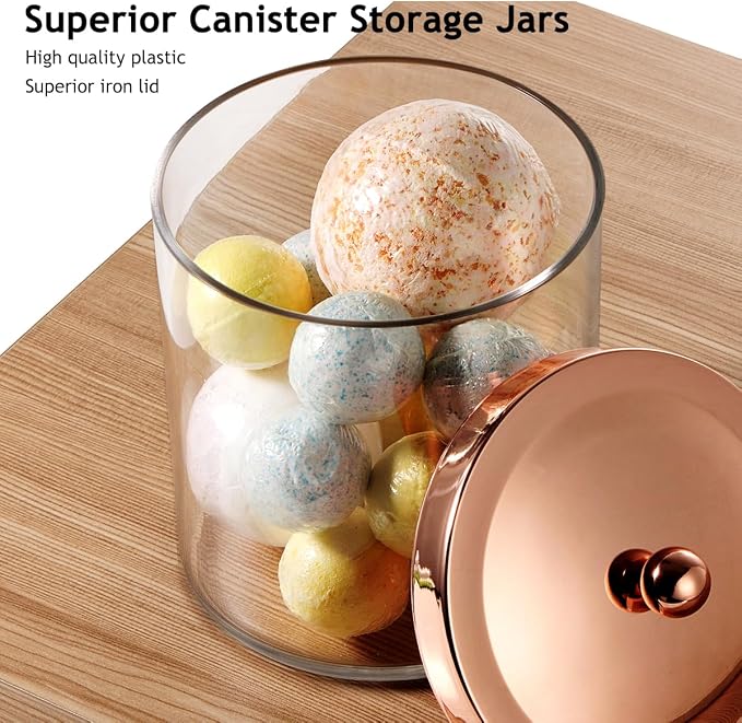 SheeChung 4 Pack 50 Oz Large Apothecary Jar with Rose Gold Rust-Proof Lid - Shatterproof Plastic Laundry Pods Container - Chic Rose Gold Bathroom & Vanity Storage Organizer for Scent Beads, Salts
