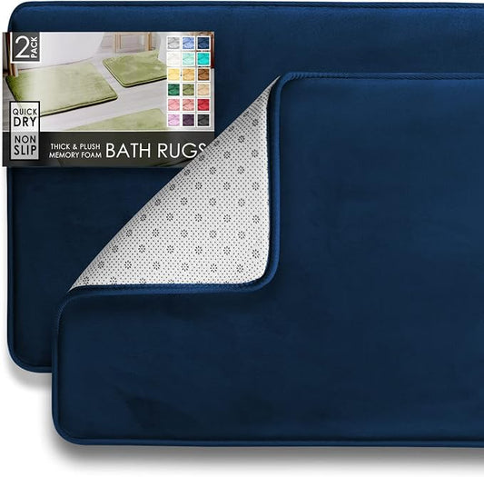 Clara Clark 2 Piece Bathroom Rugs Bath Mat Set, Velvet Memory Foam Bath Mats for Bathroom - Non-Slip, PVC Backing Bath Rugs, Washable - Dries Quickly, Blue