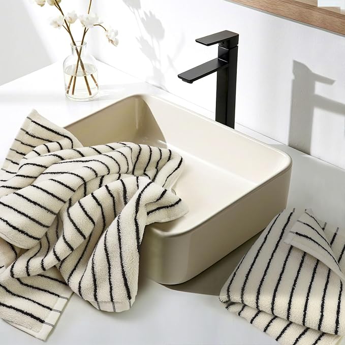 Black and White Striped Hand Towels for Bathroom, Vintage Kitchen Decor | Guest Use, Adults & Kids, Natural Cotton, 14” x 29”