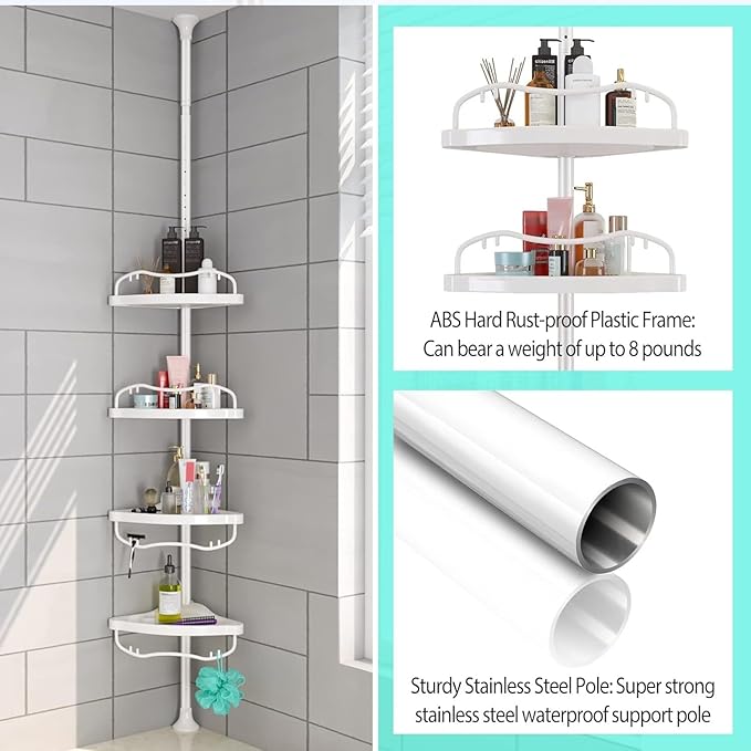 Shower Caddy Tension Pole with 4 ABS Baskets,Shower Storage Shelf with 56 to 125 Inch Adjustable Stainless Pole for Bathroom White