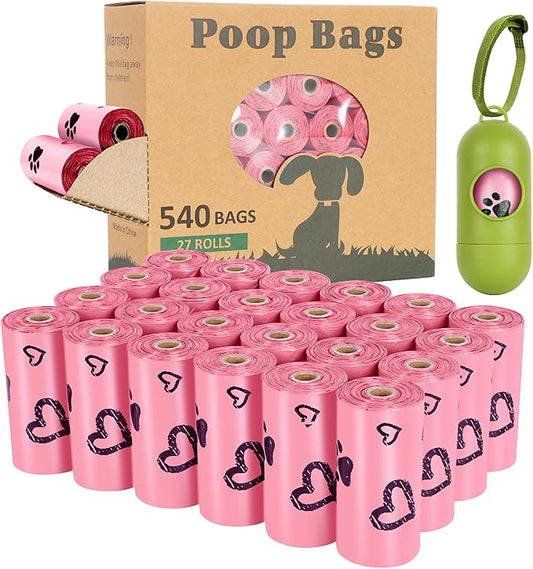 Pink Dog Poop Bags Rolls with Dispenser Leak Proof 540 Count Unscented | Strong Large 9x13 inch Waste Refill Bags for Daily Dog Walks, Cat Litter Cleanup Outdoor Travel and Multi-Pet Households