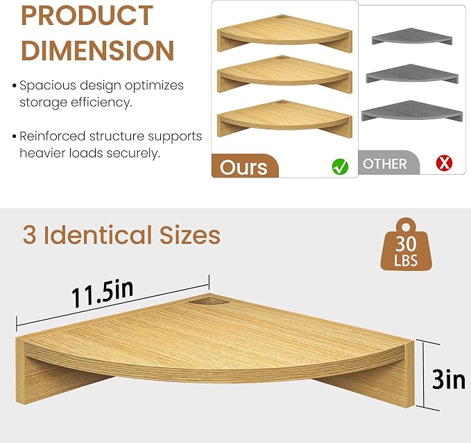 Fun Memories Corner Shelf Wall Mount, Wood Floating Corner Shelves, Corner Wall Shelf for Bedroom, Bathroom, Kitchen, Living Room (Oak, 3 Pack)
