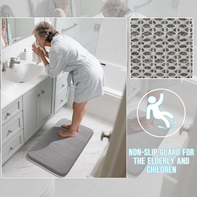Yimobra U-Shaped Toilet Bath Mat Set 2 Piece - Super Soft Absorbent Quick Dry Memory Foam Bathroom Rugs, Machine Washable Non Slip Floor Carpet for Tub Shower & Single Sink (17x24 & 24x20, Gray)