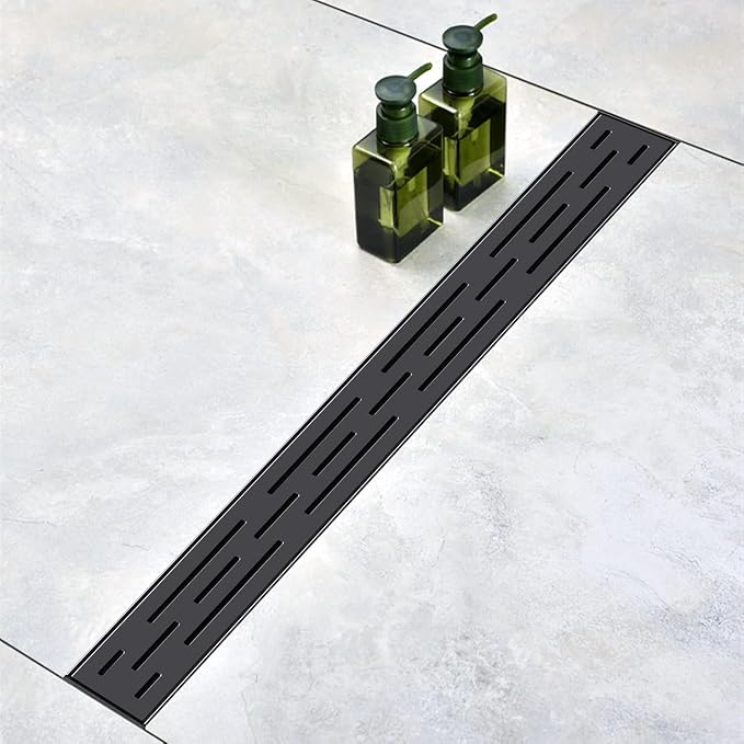 ELLO&ALLO 32 Inch Matte Black Linear Shower Drain, SUS304 Stainless Steel Rectangle Shower Floor Drain with Removable Pattern Grate