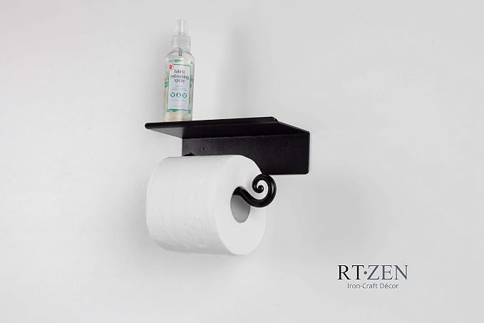 RTZEN Bathroom Toilet Paper Holder with Shelf - Handcrafted Rustic Wrought Iron Wall Decor Toilet Roll Holder - Black Matte Wall Mount Bar for Modern Farmhouse Bathroom Decor