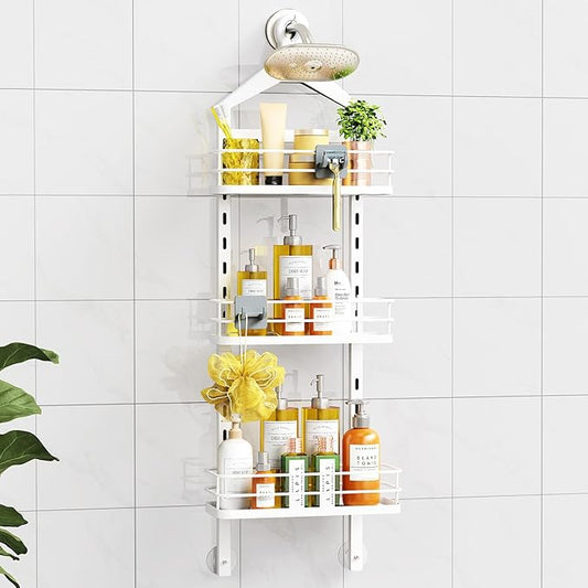 ODesign 3 Tier Height-Adjustable Shower Caddy Hanging Anti-Swing-Over The Shower Head Caddy-Storage Organizer Bathroom Shelves Basket - White