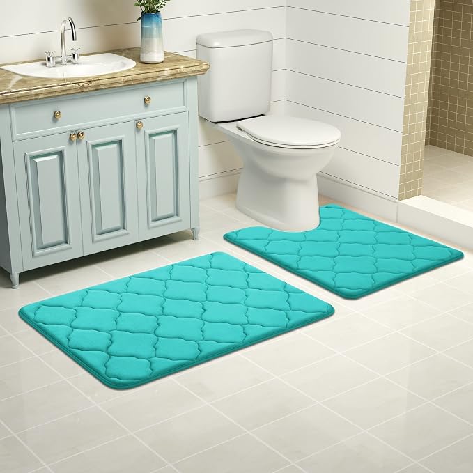 OLANLY Memory Foam Toilet Rugs U-Shaped 24x20, Ultra Soft and Absorbent Bathroom Rugs, Non-Slip, Comfortable, Machine Washable Contour Bath Mat for Toilet Base, Home Decor Accessories, Teal | Thick Absorbent Carpet, Non-Slip Backing, Machine Washable, ...
