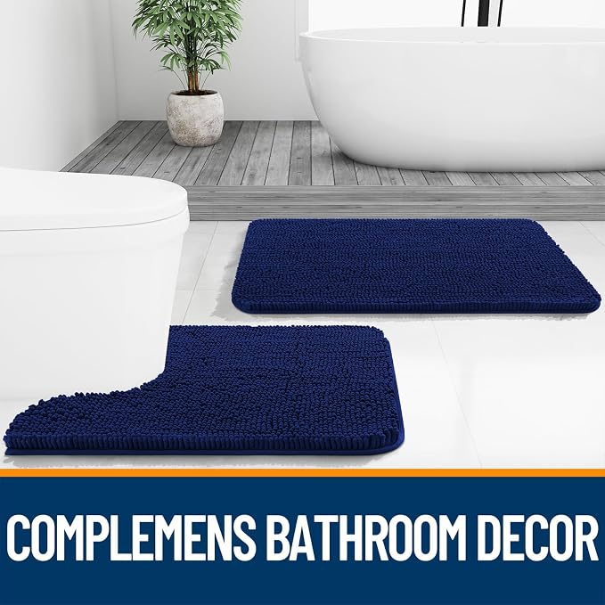 OLANLY Chenille Bathroom Rugs Mats Sets 2 Piece, 36"x24"+24"x20", Navy | Soft Absorbent Bath Mat and U-Shaped Contour Toilet Rug Set, Quick Dry, Machine Washable Bath Carpet, Home Decor Accessories