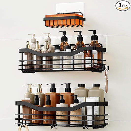 Orimade Shower Caddy Basket Soap Dish Holder Shelf with 5 Hooks Bathroom Organizer Shelf Kitchen Storage Rack Wall Mounted Adhesive No Drilling SUS304 Stainless Steel - 3 Pack,Black