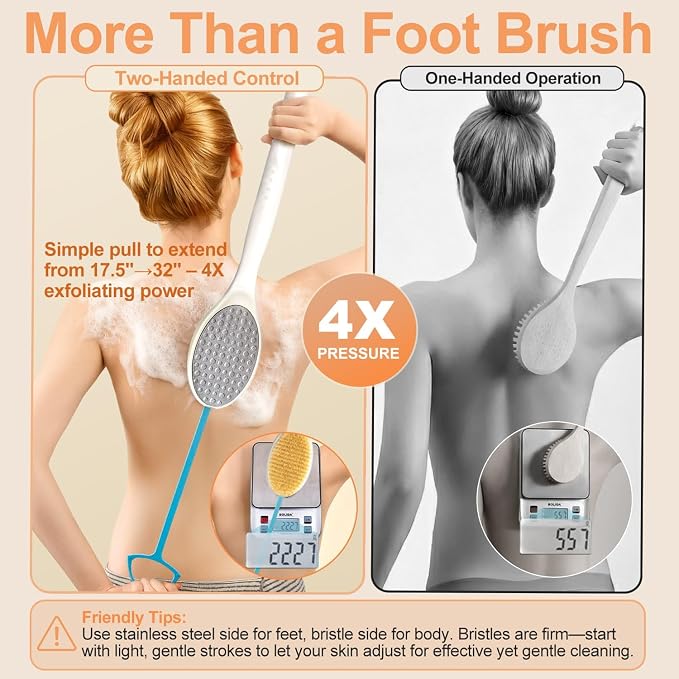 BUBBLEDANCE® Long Handle Foot Scrubber & Brush – 2-in-1 for Shower | Stainless steel removes calluses & rough heels; nylon bristles exfoliate feet; extendable 17.5"-31.9"; non-slip, rust-proof