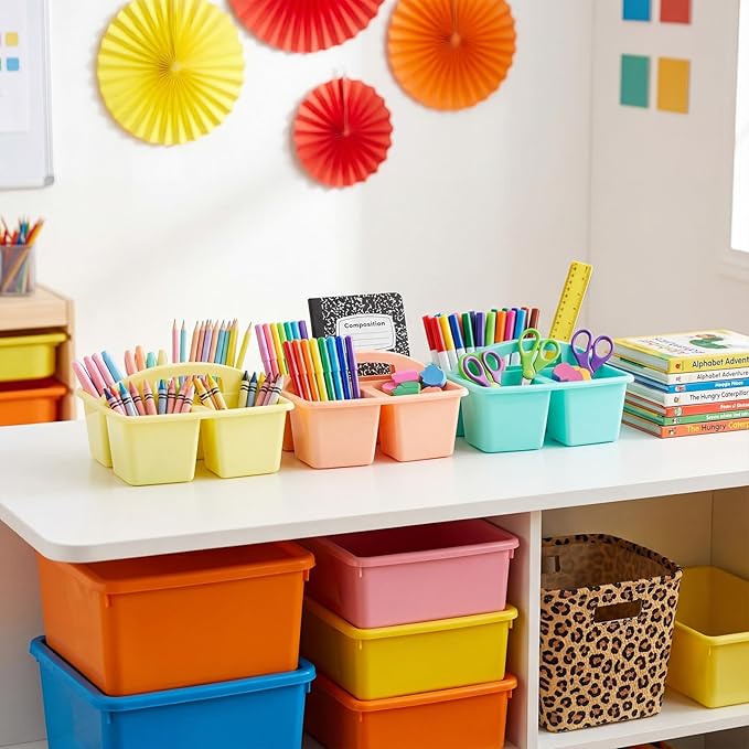 Kathfly 6 Pack Classroom Caddy Organizer with Handle, Plastic Art Craft Cleaning Caddy Bulk, Small Multipurpose Supply Organization Storage Basket for Table Desk Office Pencil Teacher (Macaron Color)